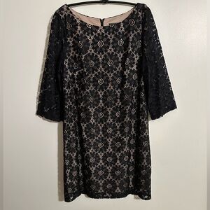 Jessica Howard Black Lace Over Nude 3/4 Sleeve Jewel Neck Sheath Dress, Size 14